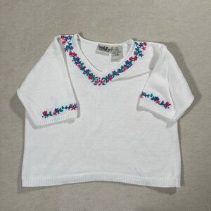 Vintage Knit Floral Embroidered Sweater Short Sleeve Large Northern Reflections